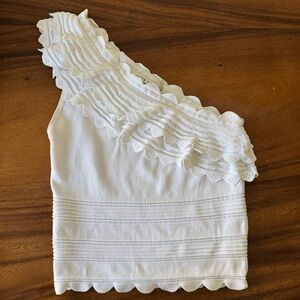 Alice + Olivia Alexandria Snowy White One-Shoulder Ruffle Cropped Top Size Small
